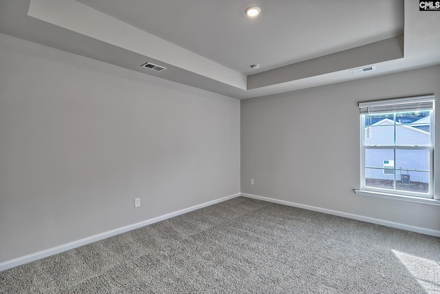 carpeted empty room with a tray ceiling