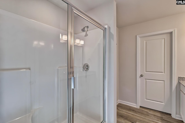 bathroom featuring wood-type flooring, vanity, and a shower with shower door