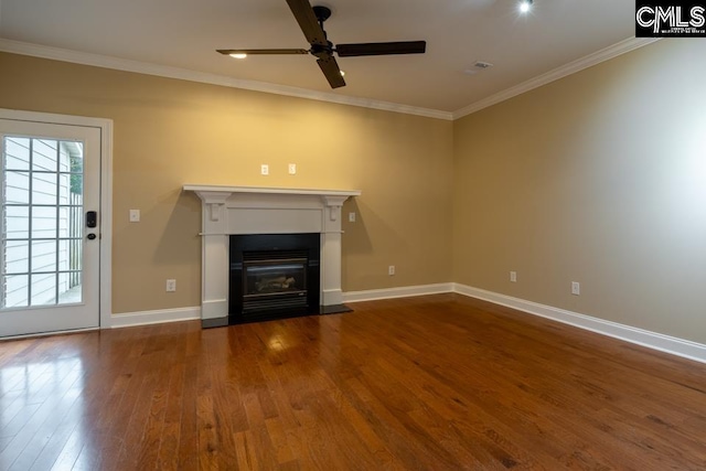 unfurnished living room with ornamental molding, wood-type flooring, and ceiling fan