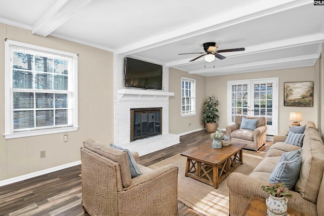 living room featuring dark wood-type flooring, a fireplace, french doors, and beamed ceiling