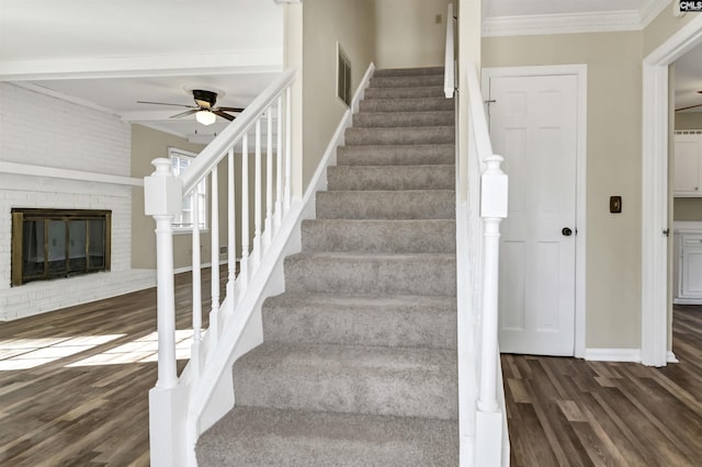 stairway featuring hardwood / wood-style flooring, ceiling fan, ornamental molding, and a fireplace