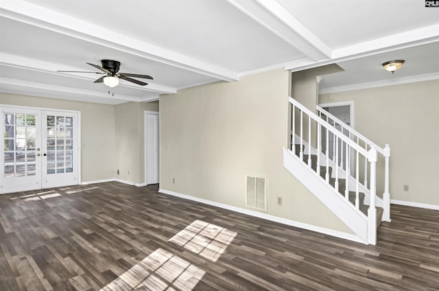 interior space featuring beamed ceiling, ceiling fan, dark wood-type flooring, and french doors