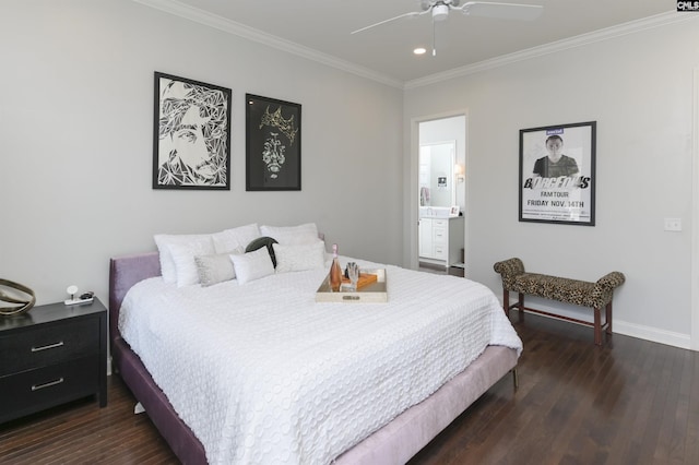 bedroom with ensuite bath, dark wood-type flooring, ornamental molding, and ceiling fan