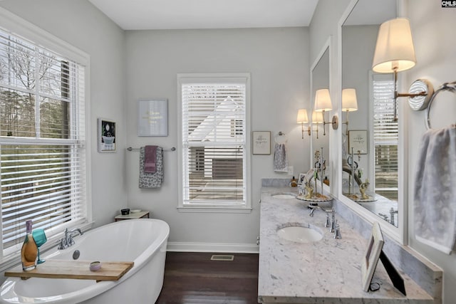 bathroom featuring vanity, a bathtub, a wealth of natural light, and wood-type flooring