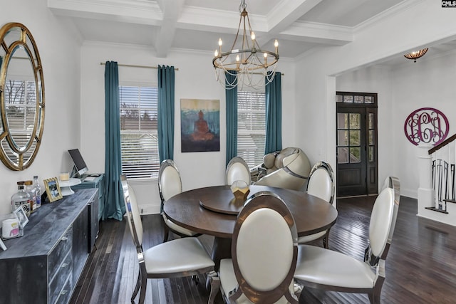 dining space with crown molding, an inviting chandelier, beam ceiling, coffered ceiling, and dark hardwood / wood-style flooring