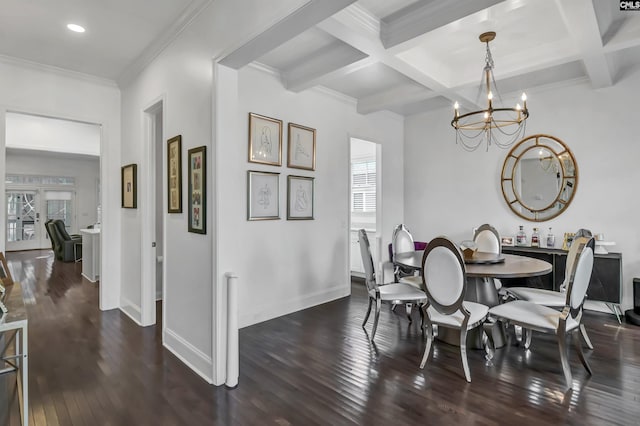 dining space featuring coffered ceiling, crown molding, dark hardwood / wood-style flooring, a notable chandelier, and beamed ceiling