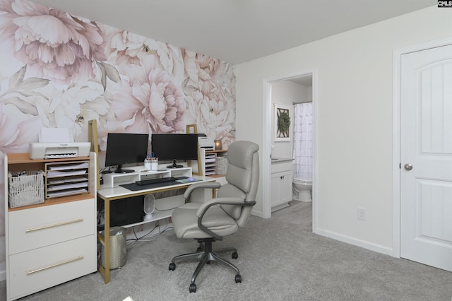 home office featuring light carpet