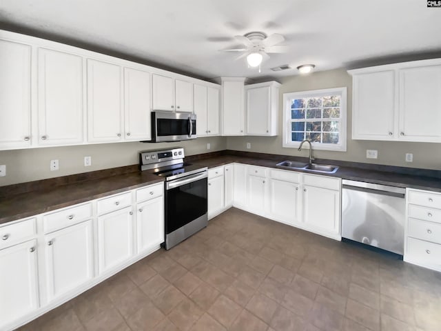 kitchen with sink, ceiling fan, white cabinets, and appliances with stainless steel finishes