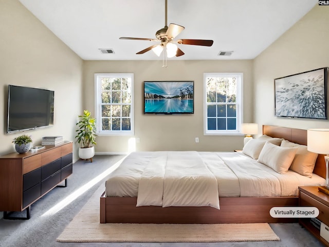 bedroom featuring carpet floors and ceiling fan