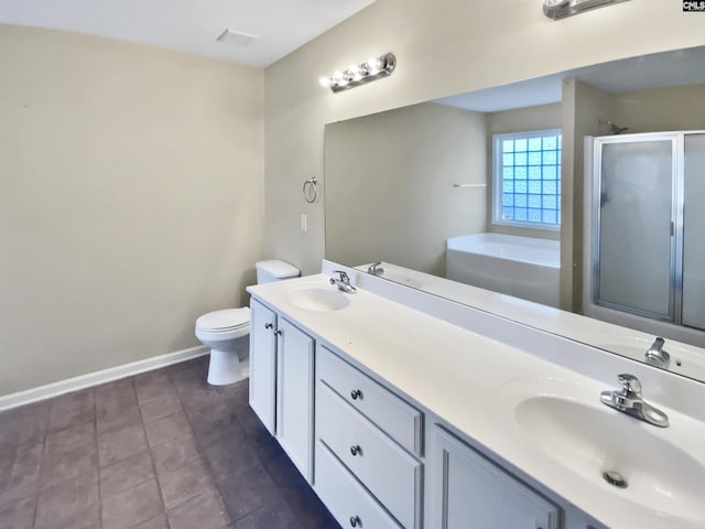 full bathroom with toilet, vanity, and shower with separate bathtub