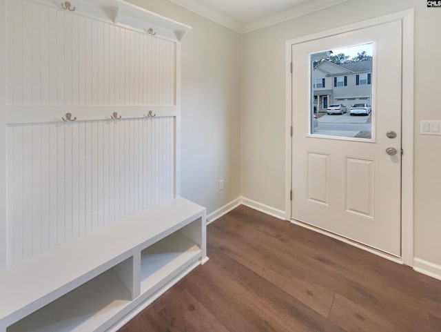 mudroom with ornamental molding and dark hardwood / wood-style flooring