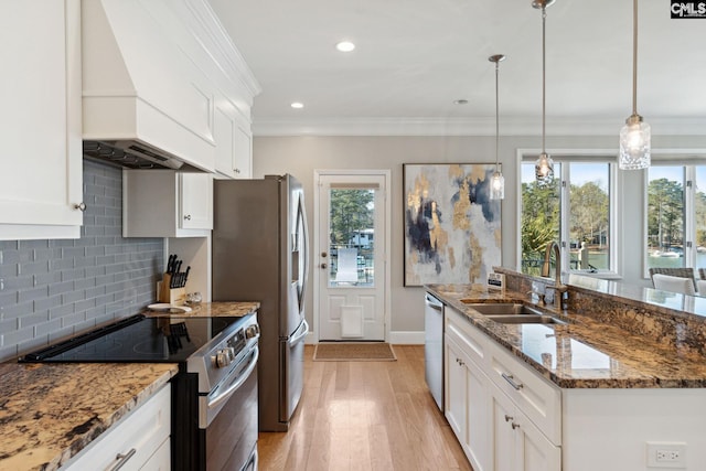 kitchen with white cabinetry, premium range hood, and appliances with stainless steel finishes