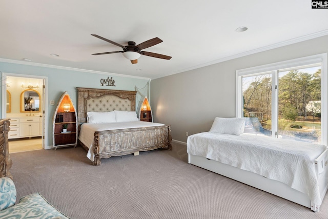 carpeted bedroom featuring connected bathroom, crown molding, and ceiling fan