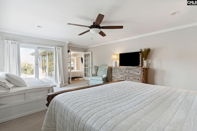 bedroom featuring crown molding, access to outside, light colored carpet, and ceiling fan