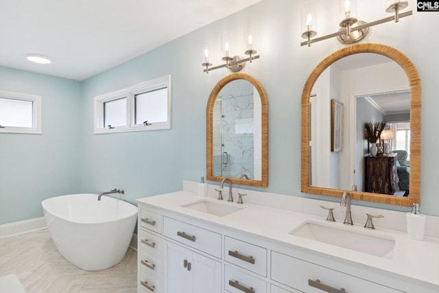 bathroom featuring vanity and separate shower and tub