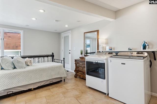 bedroom featuring beamed ceiling and washer and clothes dryer