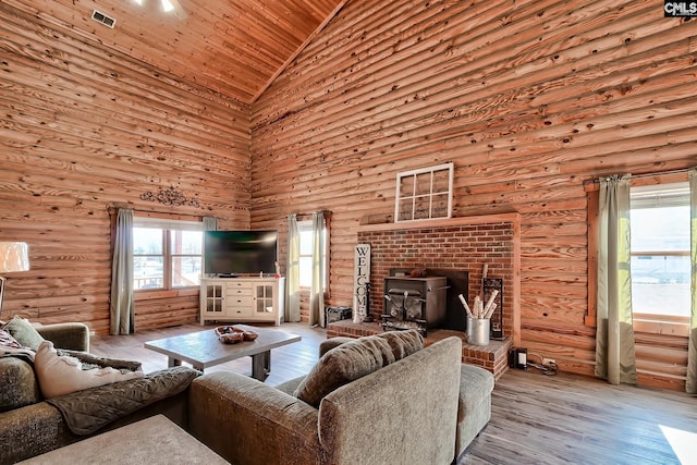 living room featuring log walls, wood ceiling, high vaulted ceiling, and light hardwood / wood-style flooring