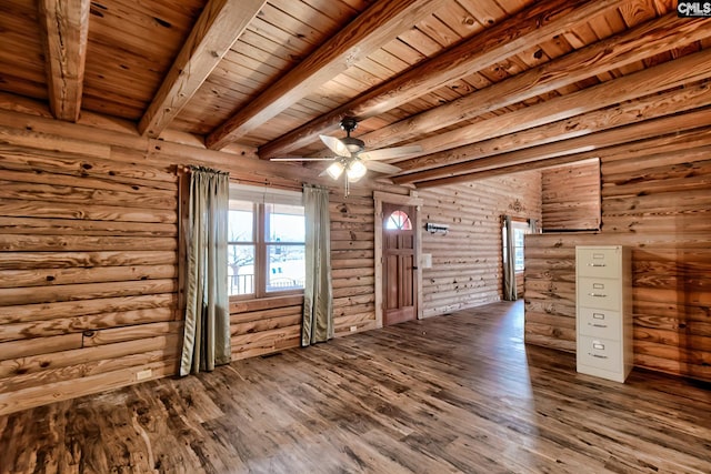 interior space with hardwood / wood-style flooring, ceiling fan, rustic walls, beam ceiling, and wooden ceiling