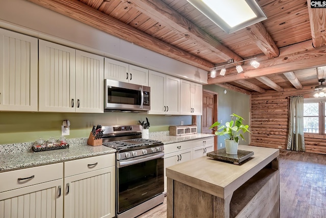 kitchen featuring light hardwood / wood-style flooring, wooden ceiling, beamed ceiling, stainless steel appliances, and log walls