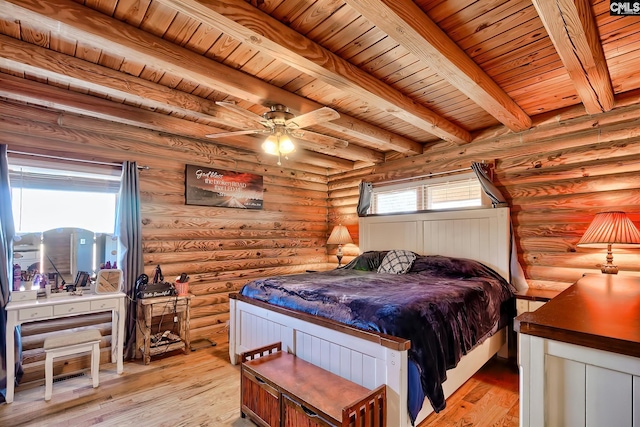 bedroom with ceiling fan, multiple windows, beam ceiling, log walls, and wooden ceiling