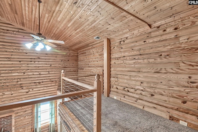 bonus room featuring wood ceiling, vaulted ceiling, log walls, and carpet