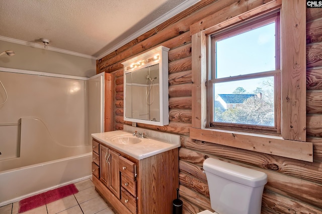 full bathroom with a wealth of natural light, rustic walls, tile patterned floors, and toilet