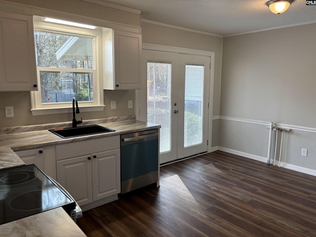 kitchen featuring french doors, sink, dishwasher, black range with electric stovetop, and white cabinets