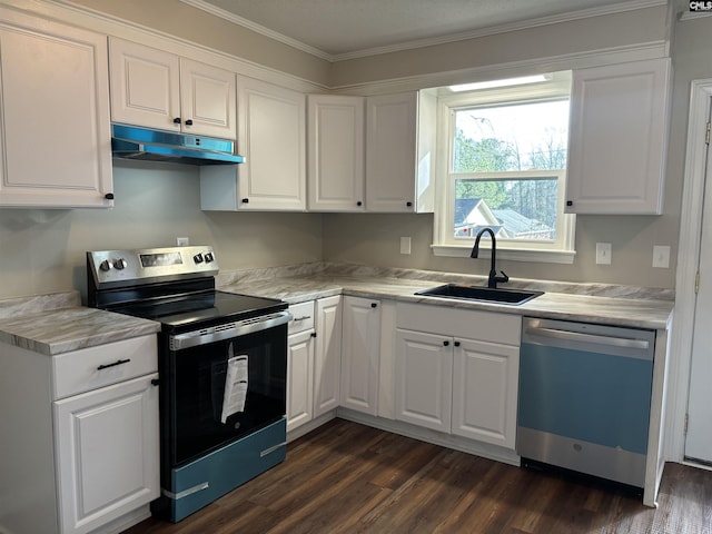 kitchen with white cabinetry, sink, stainless steel appliances, crown molding, and dark wood-type flooring