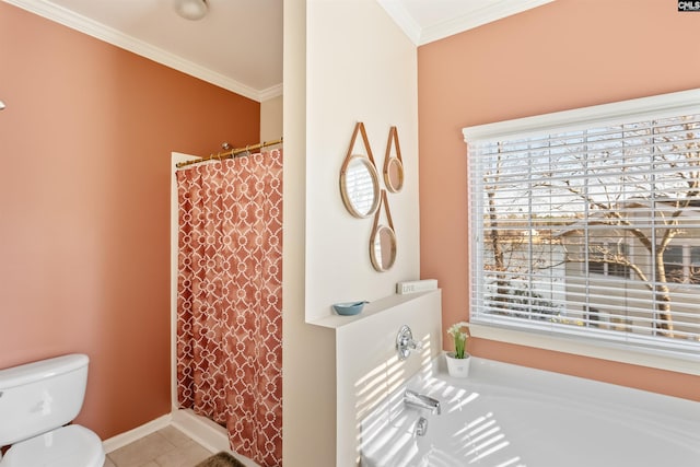 bathroom with tile patterned flooring, ornamental molding, toilet, and walk in shower