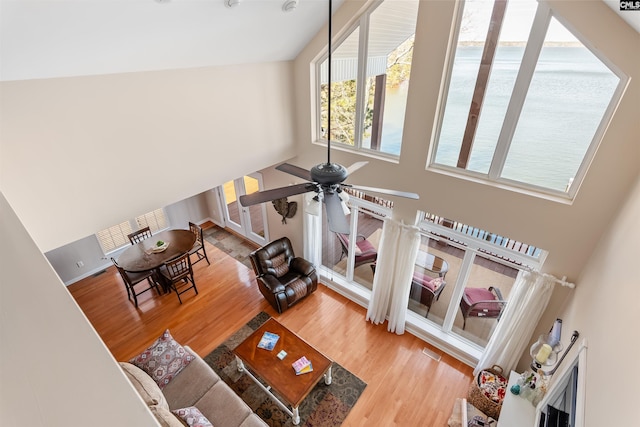 living room featuring a towering ceiling and hardwood / wood-style floors