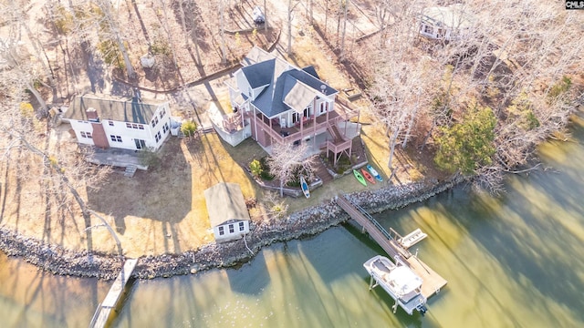 drone / aerial view featuring a water view