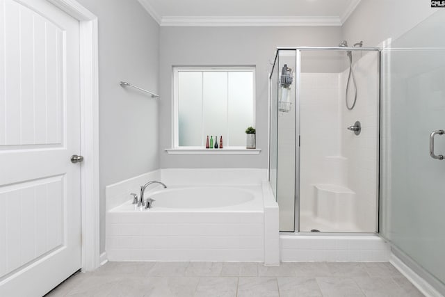 bathroom with independent shower and bath, crown molding, and tile patterned floors