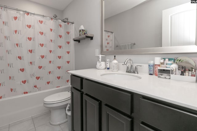 full bathroom with toilet, vanity, shower / bathtub combination with curtain, and tile patterned flooring