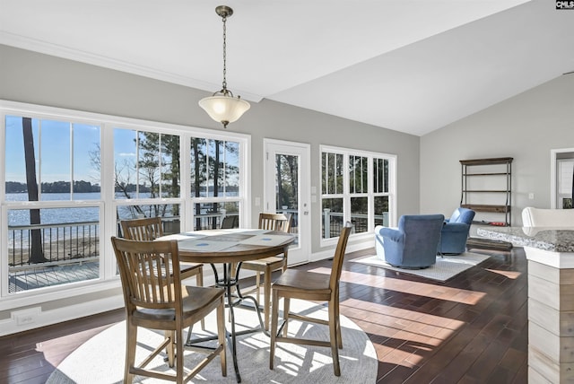 dining space featuring a water view, dark wood-type flooring, lofted ceiling, and plenty of natural light