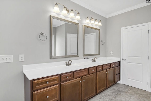 bathroom with vanity and ornamental molding