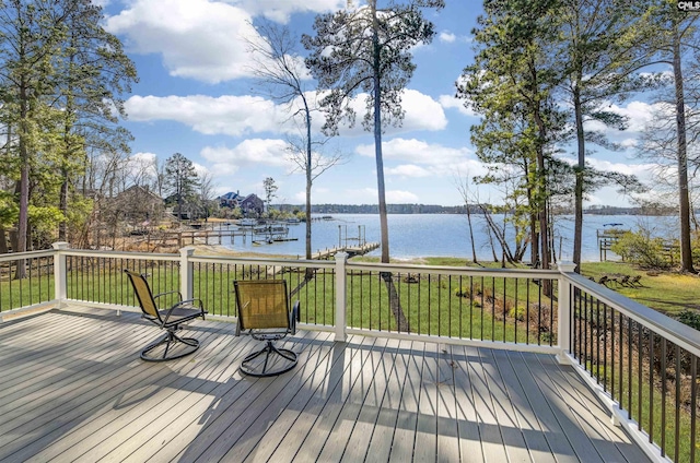 wooden deck with a water view and a yard