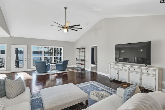 living room with high vaulted ceiling, hardwood / wood-style floors, and ceiling fan