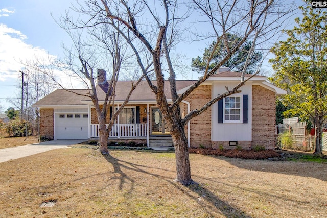 single story home with a garage, covered porch, and a front lawn