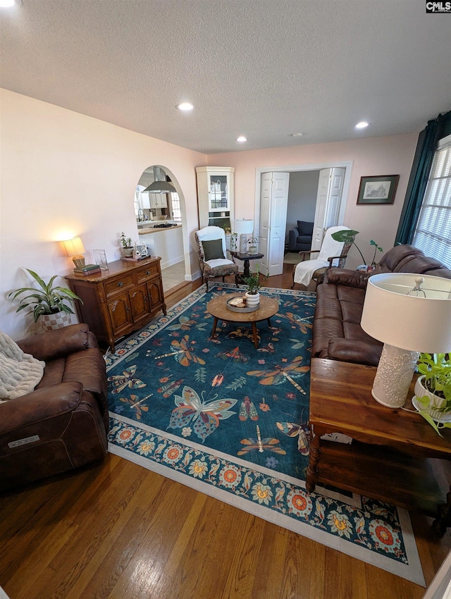 living room with hardwood / wood-style floors and a textured ceiling