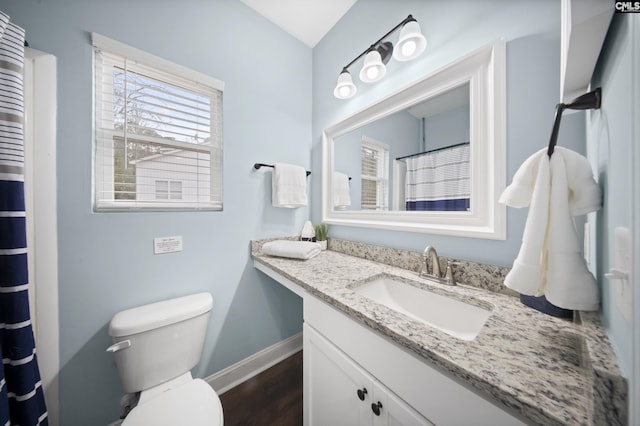 bathroom featuring hardwood / wood-style flooring, vanity, and toilet