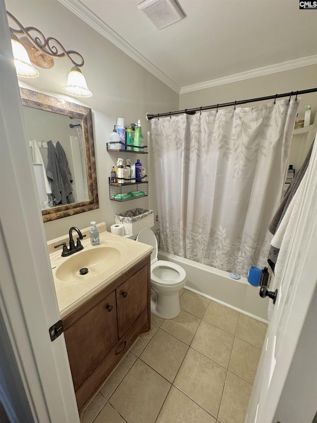 full bathroom featuring shower / bath combination with curtain, vanity, toilet, crown molding, and tile patterned floors