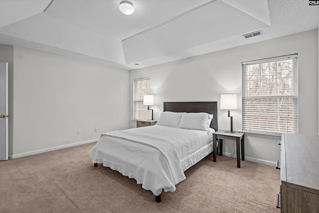 bedroom featuring a raised ceiling and light carpet