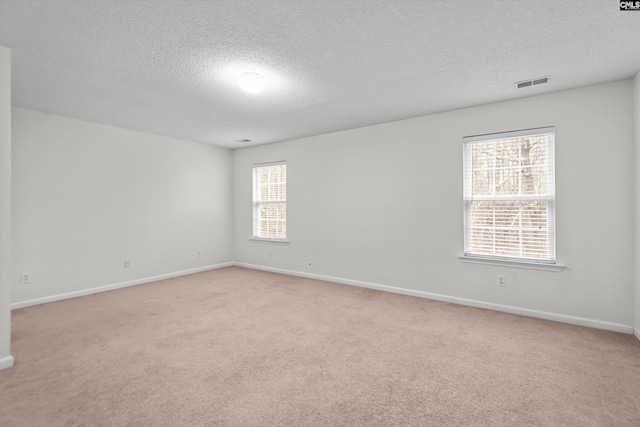 empty room with light colored carpet and a textured ceiling