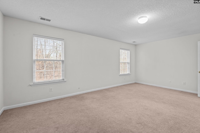 spare room featuring light colored carpet and a textured ceiling