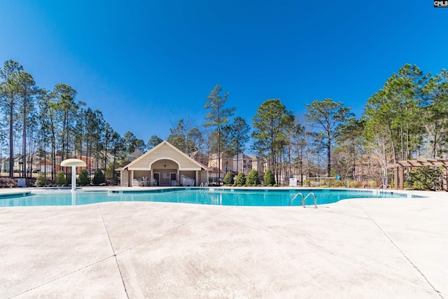 view of swimming pool with a pergola and a patio