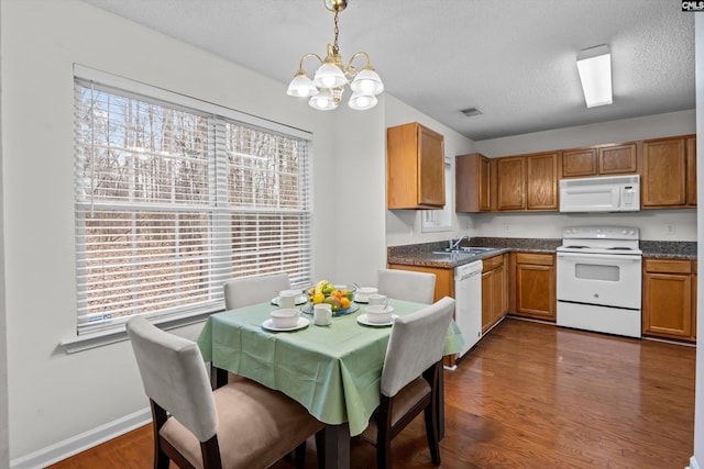 kitchen featuring pendant lighting, white appliances, a healthy amount of sunlight, and dark hardwood / wood-style flooring