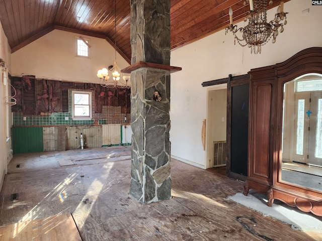 misc room featuring high vaulted ceiling, wood ceiling, and a chandelier