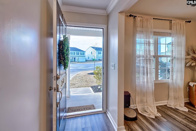 doorway featuring crown molding, wood-type flooring, and a wealth of natural light