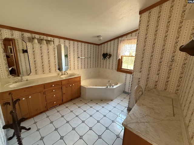 bathroom featuring vanity, vaulted ceiling, ornamental molding, and a bathing tub