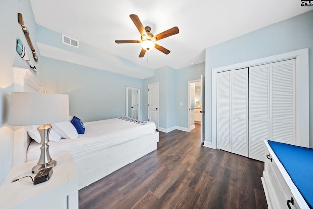 bedroom featuring dark wood-type flooring, a closet, and ceiling fan